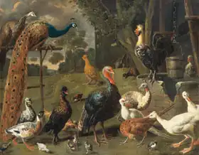 Utrecht, Adriaen van: Peacock and peahen on a perch, turkeys, a pheasant and poultry by a well