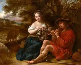 Flinck, Govert: Elegant Shepherdess Listening to a Shepherd Playing the Recorder in an Arcadian Landscape