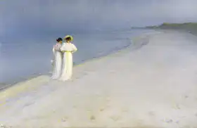 Krøyer, Peder Severin: Summer evening on the Skagen beach (Anna Ancher and Marie Kroyer walking)
