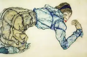 Schiele, Egon: Kneeling woman in a blue blouse