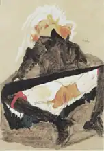 Schiele, Egon: Red-haired girl in a black dress with outstretched legs