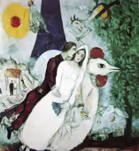 Chagall, Marc: Engaged couple in front of the Eiffel Tower