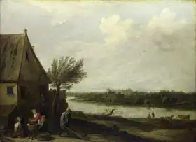 Teniers, David, the younger: Cottage by the river with the castle in the distance