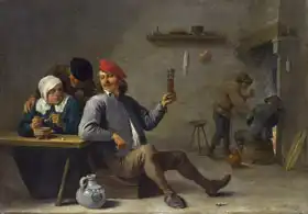Teniers, David, the younger: Man holding a glass and an old woman igniting pipe
