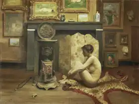 Vleeschouwer, Ernest de: Female nude before fireplace