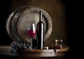 Unknown: Still life with red wine, bottle and keg