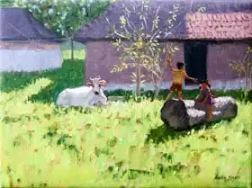 Macara, Andre: WHITE COW AND TWO CHILDREN,MANKOTTA ISLAND,KERALA,INDIA