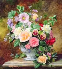 Williams, Albert: Roses, pansies and other flowers in a vase