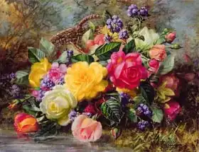 Williams, Albert: Roses by a Pond on a Grassy Bank