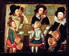 English school (16th century): Musicians at Wadley House, detail from The Life and Death of Sir Henry Unton (1557-96)