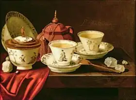 Roestraten, Pieter Gerritsz. van: A Yixing Teapot and a Chinese Porcelain Tete-a-Tete on a Partly Draped Ledge