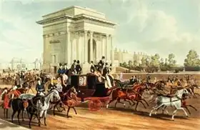 English school (19th century): Hyde Park Corner, after James Pollard, published by Ackermann