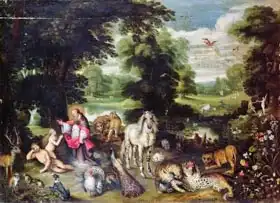 Brueghel, Jan, the elder: Adam and Eve with God in the Garden of Eden and the story of the Fall