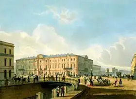 French school (19th century): The Moyka Embankment and the Police Bridge in St. Petersburg, printed by J. Jacottet and Regamey, published by Lemercier, Paris, 1850s
