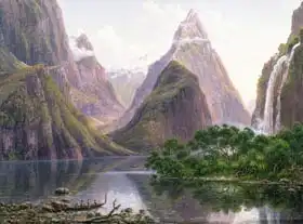 Guérard, Eugene: Native figures in a canoe at Milford Sound, West Coast of South Island, New Zealand, also depicted are Mitre Peak and Bowens Fall