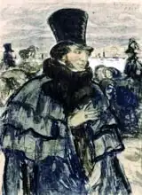 Kustodiev, Boris Mikhailovich: Portrait of Alexander Pushkin (1799-1837) on the Neva Embankment
