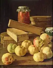 Meléndez, Luis: Still life with apples, pots of jam and boxes of cake