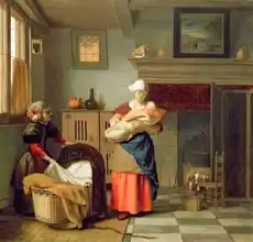 Hooch, Pieter de: Nursemaid with baby in an interior and a young girl preparing the cradle