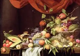 Son, Joris van: A Still Life of Fruit on a Draped Ledge