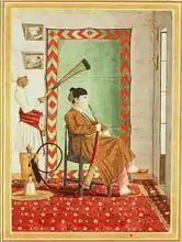Indian school (19th century): A portrait of a European gentleman in Indian dress seated before an open window smoking a hookah, Lucknow, Company School