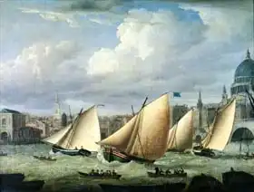 English school (18th century): Yachts of the Cumberland Fleet starting at Blackfriars, London