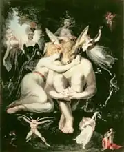 Fuseli, Henry: Titania Awakes, Surrounded by Attendant Fairies, clinging rapturously to Bottom, still wearing the Ass
