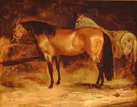 Géricault, Théodore: A Bay Horse at a manger, with a grey horse in a rug