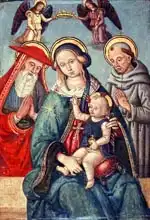 Italian school (16th century): Madonna and Child being crowned by two Angels, with St. Jerome and St. Francis