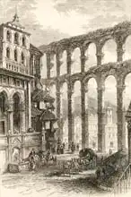 English school (19th century): Aqueduct at Segovia, Spain, illustration from 