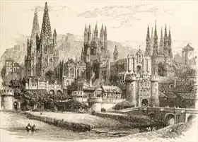 English school (19th century): Bridge, gateway and Cathedral of Burgos, illustration from 