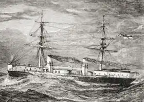 English school (19th century): HMS Inflexible, Invincible Class Battlecruiser of the British Royal Navy, illustration from 