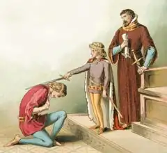 English school (19th century): Prince Edward (later known as the Black Prince) creating knighthoods at the age of six