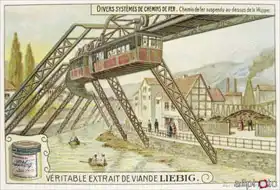 Unknown: Hanging train on the Wupper river, promotional advertising card for Veritable Extrait de Viande Liebig
