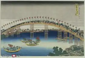 Hokusai, Katsushika: Procession over a Bridge