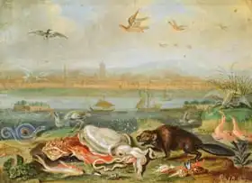 Kessel, Jan van, the younger: Creatures from the four continents in a landscape with a view of Canton in the background