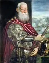 Tintoretto, Jacopo Robusti: Portrait of Sebastiano Vernier (d.1578) Commander-in-Chief of the Venetian forces in the war against the Ottoman Empire with the battle of Lepanto in the background