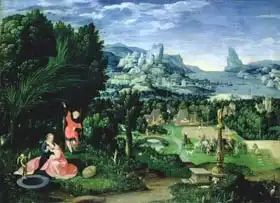 Unknown: The Rest on the Flight into Egypt, landscape painted by Joachim Patinir (fl.1515-25)