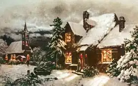 English School: Church and Cottage with Lighted Windows