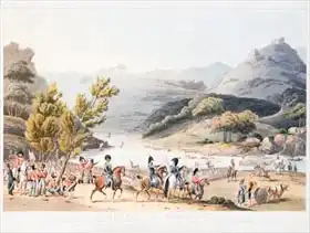 St. Clair, Thomas Staunton: Fording of the River Mondego, engraved by C. Turner, 21st September 1810