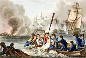 Heath, William: Anecdote at the Battle of Trafalgar, engraved by Matthew Dubourg (fl.1813-20) from 