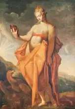 Goltzius, Hendrik: Leto, pregnant with the twins Artemis and Apollo, with the eagle of Zeus at her feet