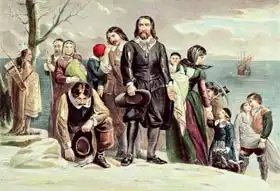 American school (19th century): The Landing of the Pilgrims at Plymouth, Massachusetts, December 22nd 1620 published by Currier and Ives
