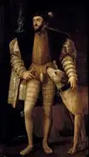 Tizian: Charles V (1500-58) Holy Roman Emperor and King of Spain with his Dog