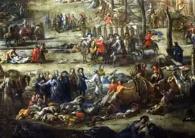 Serre, Michel: View of the Cours Belsunce, Marseilles, During the Plague of 1720, detail depicting the Cardinal of Belsunce with a group of corpses of plague victims