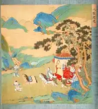 Chinese school (17th century): The Emperor Mu Wang (c.985-c.907 BC) of the Chou Dynasty in his chariot, from a history of Chinese emperors