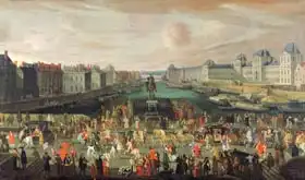French school (17th century): Procession of Louis XIV (1638-1715) Across the Pont-Neuf, 1665-69