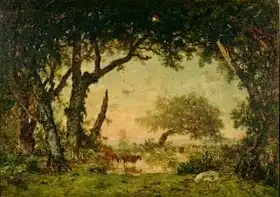Rousseau, Theodore: The Edge of the Forest at Fontainebleau, Setting Sun, 1850-51