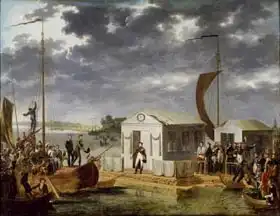 Roehn, Adolphe: Meeting between Napoleon Bonaparte (1769-1821) and Alexander I (1777-1825) of Russia at Niemen, 25th June 1807