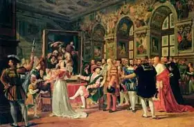 Lemonnier, Anicet-Charles: Francis I, King of France, with Leonardo da Vinci, receiving a painting of the Holy Family sent from Rome by Raphael