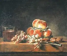 Chardin, Jean-Siméon: Still Life of Peaches, Nuts, Grapes and a Glass of Wine